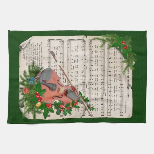 ヴィンテージクリスマスシート音楽とフェスティバルバイオリン キッチンタオル (横)