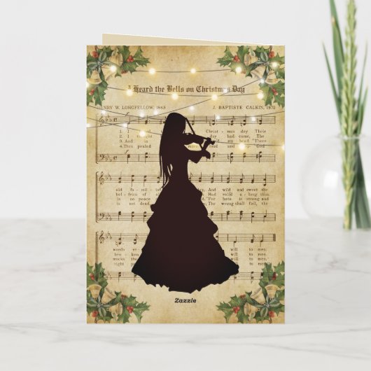 ヴィンテージクリスマスシート音楽ガールとバイオリン シーズンカード (裏面)