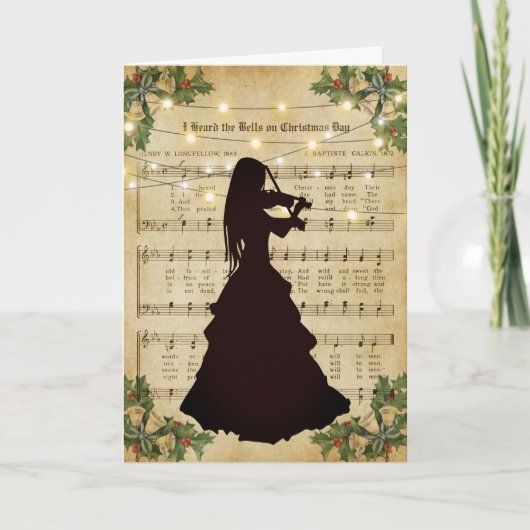 ヴィンテージクリスマスシート音楽ガールとバイオリン シーズンカード (正面)