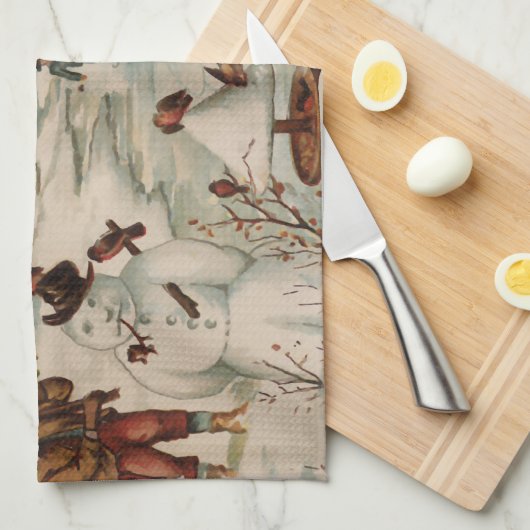 ヴィンテージクリスマスシーンアイススケートで滑る キッチンタオル (四つ折り)