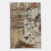 ヴィンテージクリスマスシーンアイススケートで滑る キッチンタオル (縦)