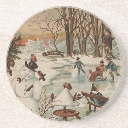 ヴィンテージクリスマスシーンアイススケートで滑る コースター (正面)