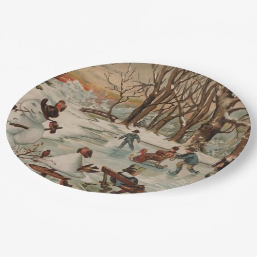 ヴィンテージクリスマスシーンアイススケートで滑る ペーパープレート (アングル)