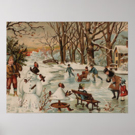 ヴィンテージクリスマスシーンアイススケートで滑る ポスター