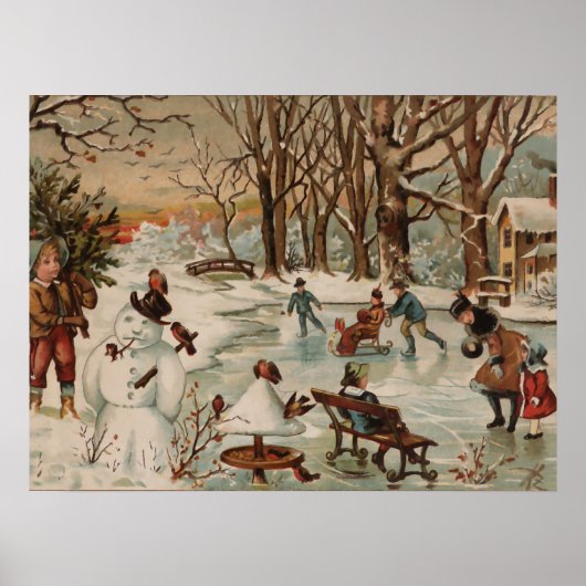 ヴィンテージクリスマスシーンアイススケートで滑る ポスター (正面)
