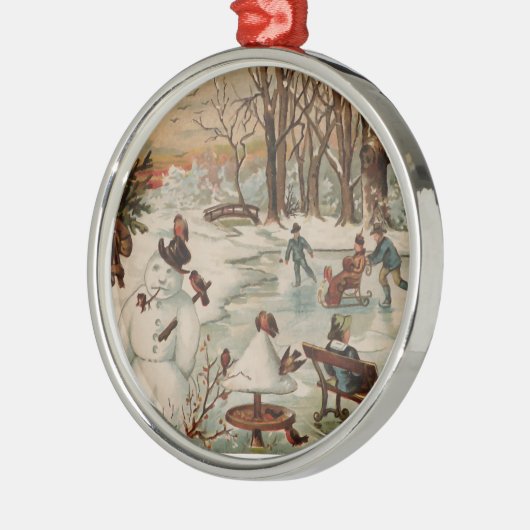 ヴィンテージクリスマスシーンアイススケートで滑る メタルオーナメント (左)