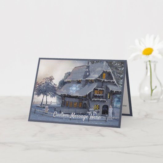 ヴィンテージクリスマスシーンコテージ雪だるま カード (小さな植物)