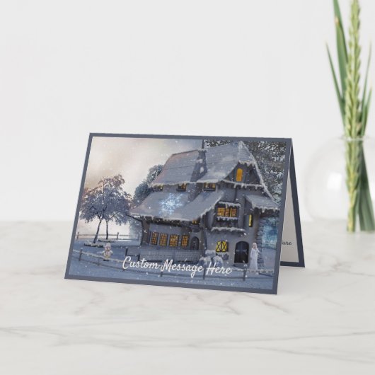 ヴィンテージクリスマスシーンコテージ雪だるま カード (正面)