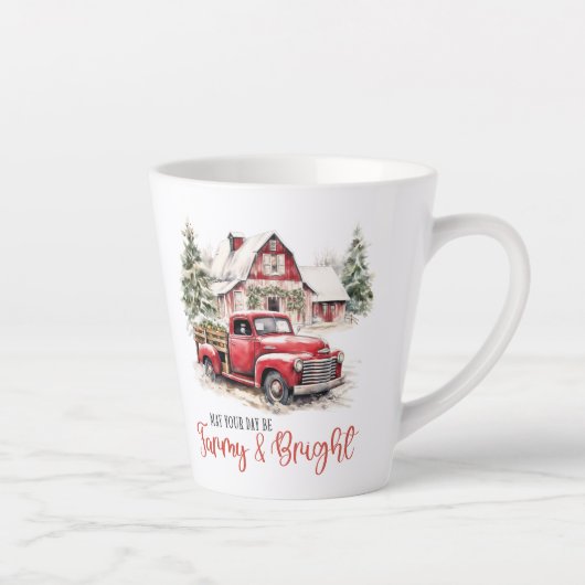 ヴィンテージクリスマスシーンレッドトラックとレトロ納屋 カフェラテマグ (右)