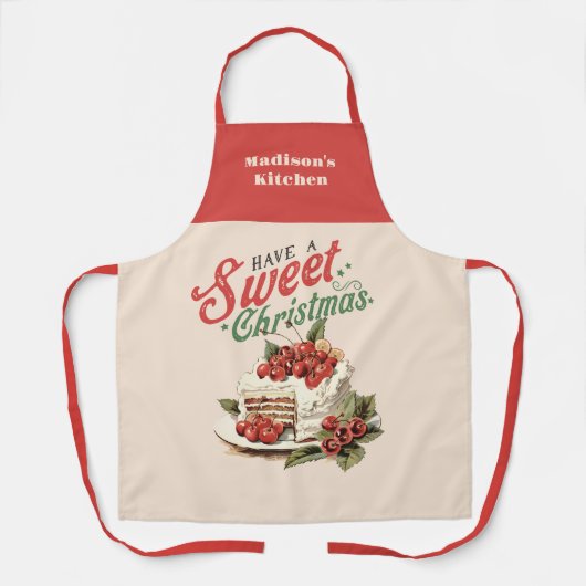 ヴィンテージクリスマススイートケーキ名前をカスタムする エプロン (正面)