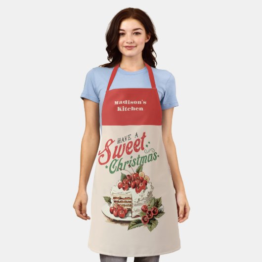 ヴィンテージクリスマススイートケーキ名前をカスタムする エプロン (着用した状態)