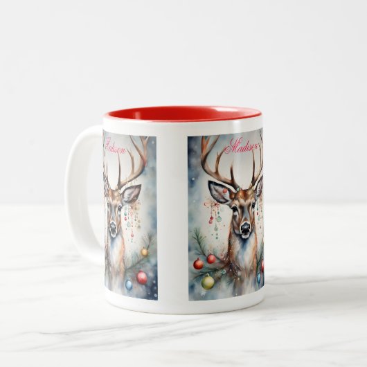 ヴィンテージクリスマススイートディアー名前をカスタムする ツートーンマグカップ (正面左)