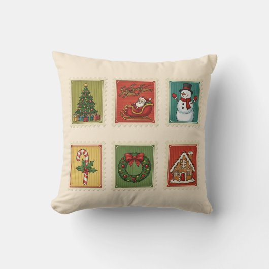 ヴィンテージクリスマススタンプホリデーピロー クッション (正面)