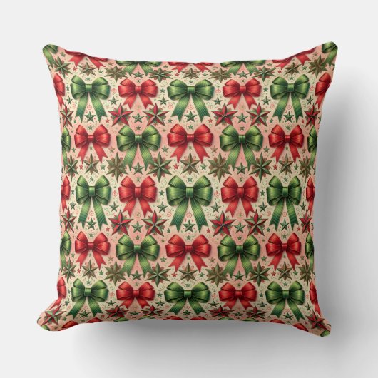 ヴィンテージクリスマススターと弓パターン クッション (正面)