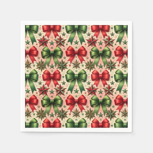 ヴィンテージクリスマススターと弓パターン スタンダードカクテルナプキン (正面)