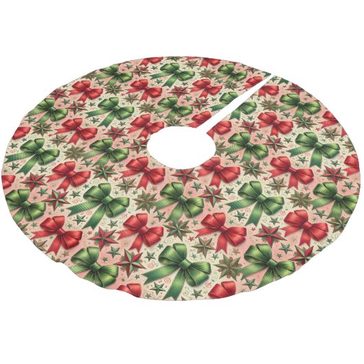 ヴィンテージクリスマススターと弓パターン ブラッシュドポリエステルツリースカート (アングル)