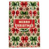 ヴィンテージクリスマススターと弓パターン ミディアムペーパーバッグ (正面)