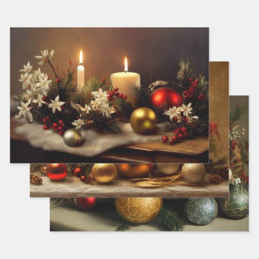 ヴィンテージクリスマススチルライフ絵画トリオ ラッピングペーパーシート (セット)