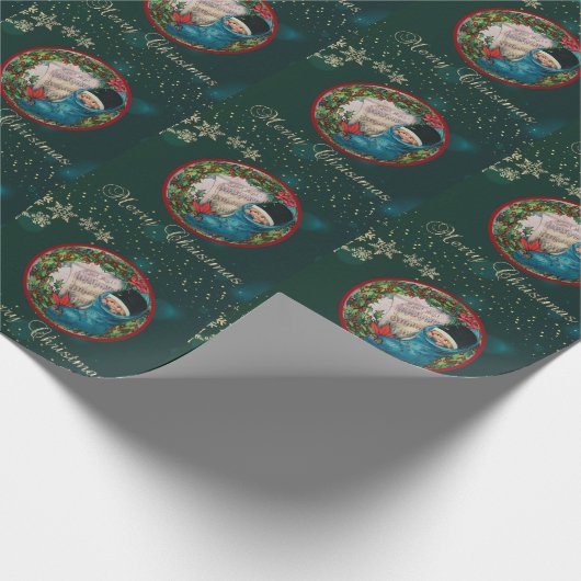 ヴィンテージクリスマスストッキングの子供、雪の結晶グリーン ラッピングペーパー (角)