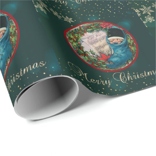 ヴィンテージクリスマスストッキングの子供、雪の結晶グリーン ラッピングペーパー (ロールコーナー)
