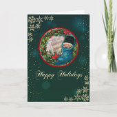 ヴィンテージクリスマスストッキングの少年、緑の雪の結晶 シーズンカード (正面)