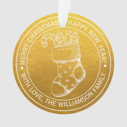 ヴィンテージクリスマスストッキングホリデーウィッシュ金ゴールド オーナメント (正面)