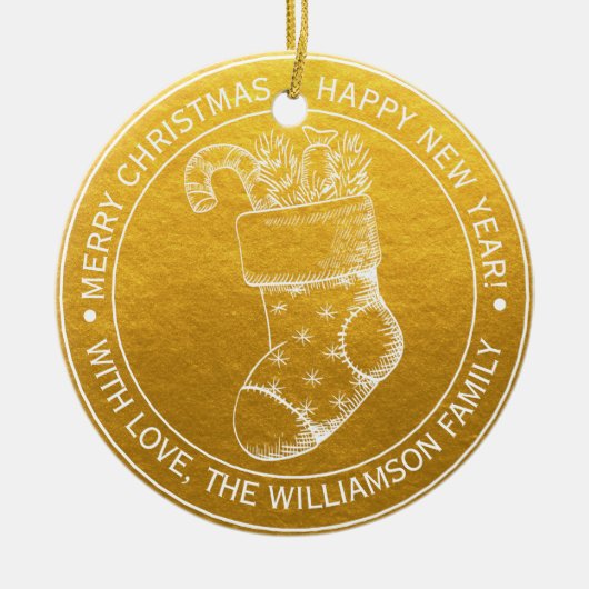 ヴィンテージクリスマスストッキングホリデーウィッシュ金ゴールド セラミックオーナメント (正面)