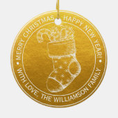 ヴィンテージクリスマスストッキングホリデーウィッシュ金ゴールド セラミックオーナメント (裏面)