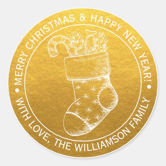 ヴィンテージクリスマスストッキング ホリデーウィッシュ ゴールド ラウンドシール (正面)