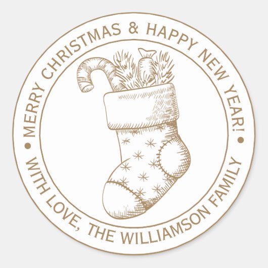 ヴィンテージクリスマスストッキング ホリデーウィッシュ ゴールド ラウンドシール (正面)