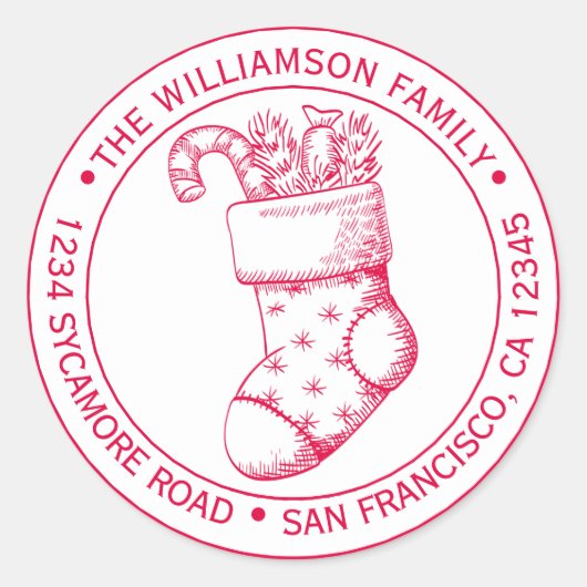 ヴィンテージクリスマスストッキング 返送先住所 赤インク ラウンドシール (正面)