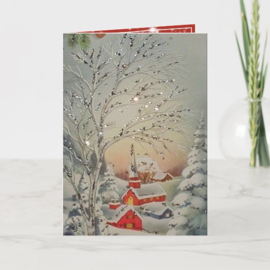 ヴィンテージクリスマススノーシルバーグリッターレッドチャーチ シーズンカード (正面)