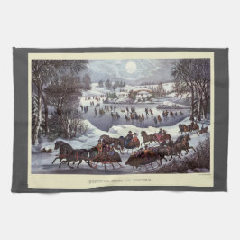 ヴィンテージクリスマススレイ、冬のセントラルパーク キッチンタオル