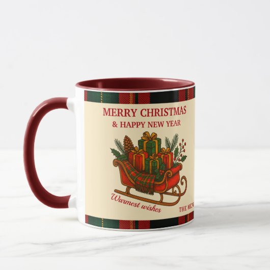 ヴィンテージクリスマススレイ(贈り物とチェック柄付き) マグカップ (左)