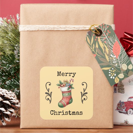 ヴィンテージクリスマスソックスステッカー スクエアシール (クリスマス)