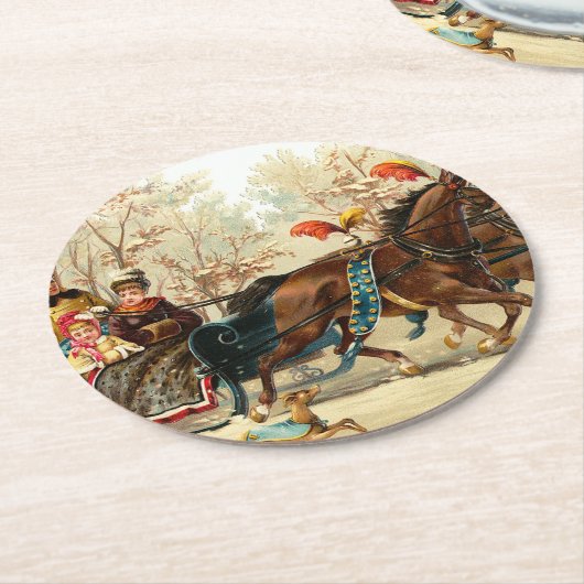 ヴィンテージクリスマスソリ乗り ラウンドペーパーコースター (アングル)