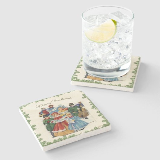 ヴィンテージクリスマスソングを歌う人々 クリスマス ストーンコースター (横)