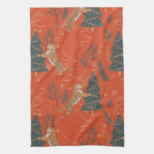 ヴィンテージクリスマスタイガーとクリスマスツリー キッチンタオル (縦)