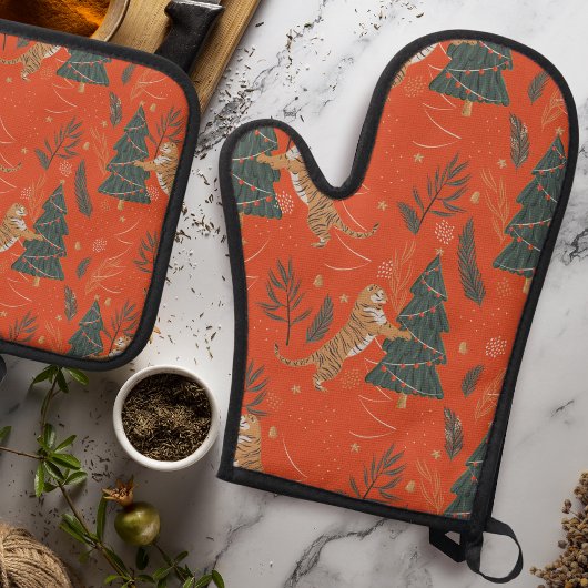 ヴィンテージクリスマスタイガーとクリスマスツリー 鍋つかみ&鍋敷きセット