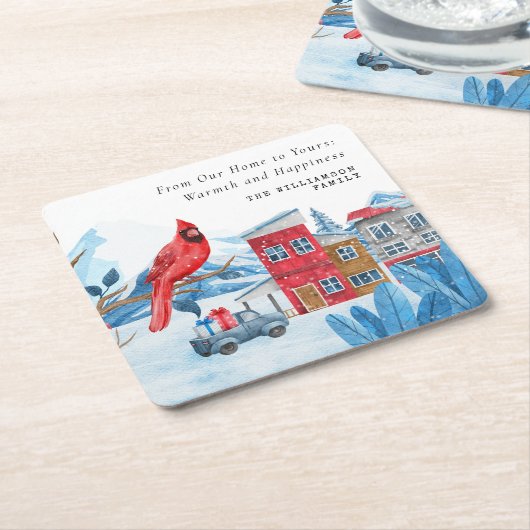 ヴィンテージクリスマスタウンレッドパーソナライズされた(鳥)ショウジョウコウカンチョウ スクエアペーパーコースター (アングル)