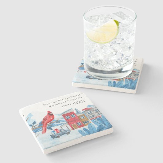 ヴィンテージクリスマスタウンレッドパーソナライズされた(鳥)ショウジョウコウカンチョウ ストーンコースター (横)