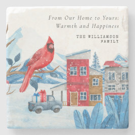 ヴィンテージクリスマスタウンレッドパーソナライズされた（鳥）ショウジョウコウカンチョウ ストーンコースター