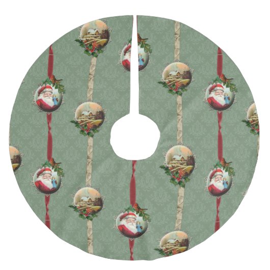 ヴィンテージクリスマスダマスクとリボン ブラッシュドポリエステルツリースカート (正面)