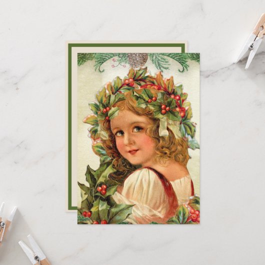 ヴィンテージクリスマスチャイルド葉ホリーの髪 カード (正面/裏面インサイチュ)