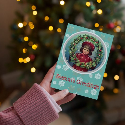 ヴィンテージクリスマスチャイルド – ホリーリース ポストカード