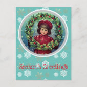 ヴィンテージクリスマスチャイルド – ホリーリース ポストカード (正面)