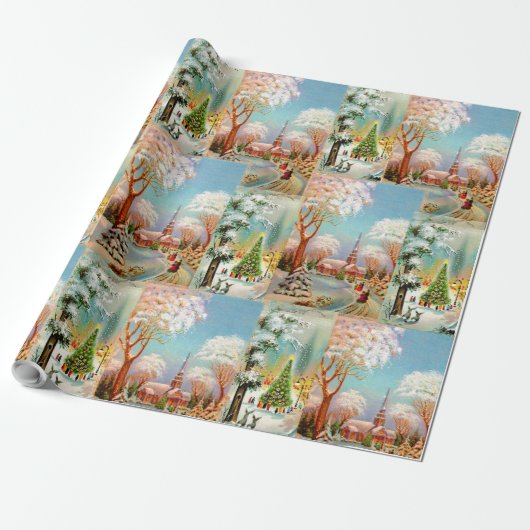 ヴィンテージクリスマスチャーチ雪の風景みすぼらしいシック ラッピングペーパー (アンロールド)