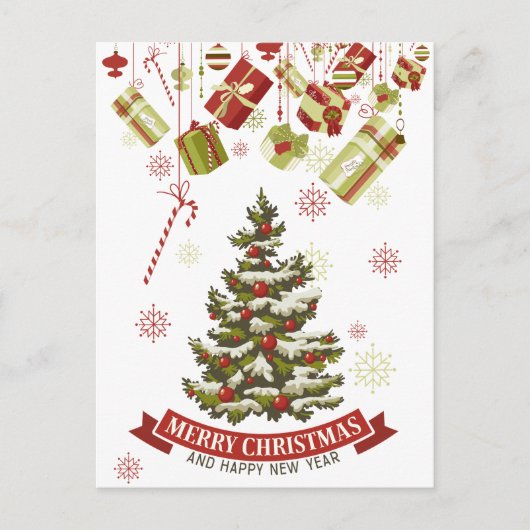 ヴィンテージクリスマスツリーとギフトポストカード シーズンポストカード (正面)