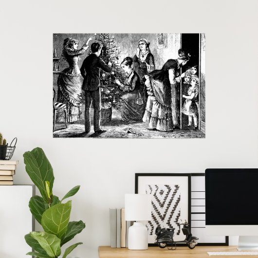 ヴィンテージクリスマスツリーとファミリースケッチ ポスター (ホームオフィス)