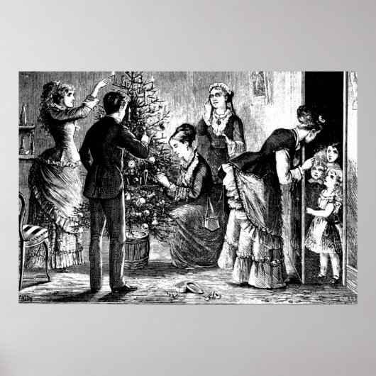 ヴィンテージクリスマスツリーとファミリースケッチ ポスター (正面)